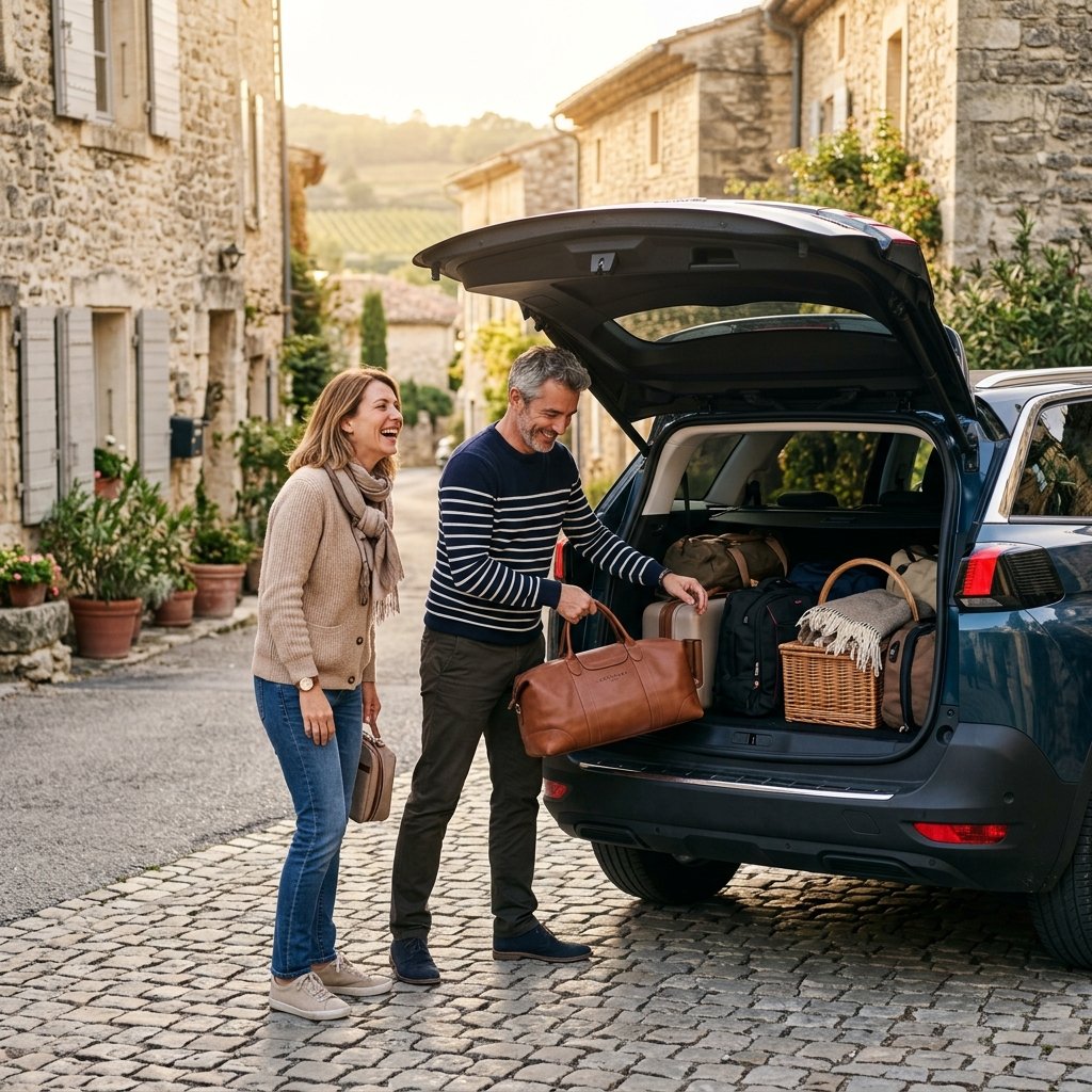 Famille heureuse prête à prendre la route